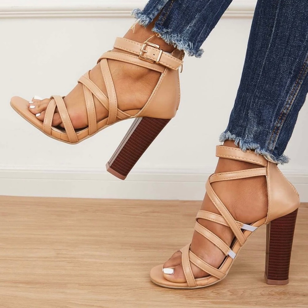Beige Tinstree Criss Cross Chunky Block High Heels Ankle Strap Sandals